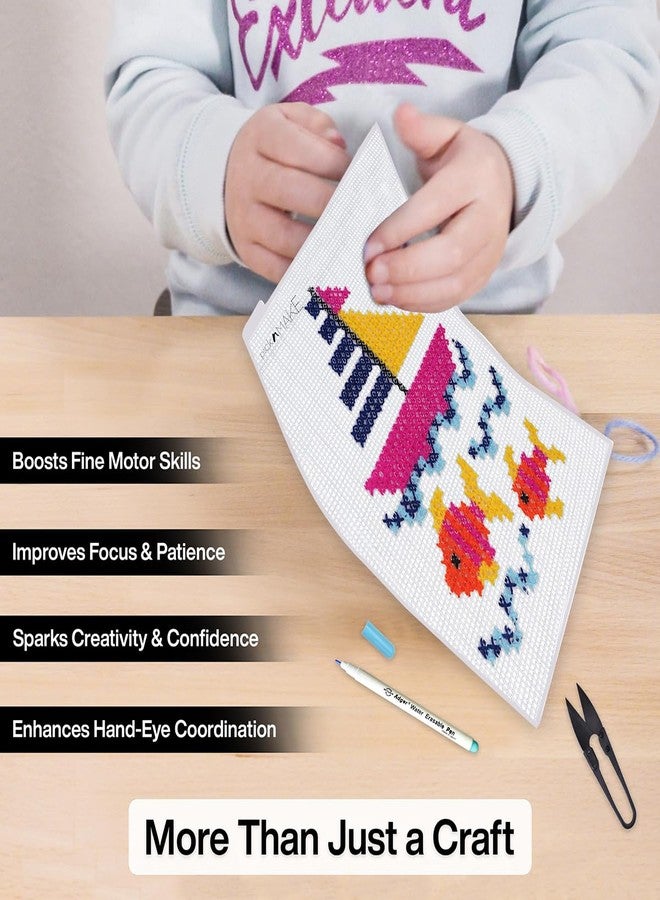 picknMAKE مجموعة تطريز الغرز المتقاطعة من picknMAKE للمبتدئين والأطفال | مجموعة أدوات تعليمية وحرفية يدوية | تتضمن شبكة بلاستيكية، إبرة بلاستيكية، خيوط صوفية، ورقة تصميم، قلم سحري، تعليمات، متعددة الألوان - Image 5